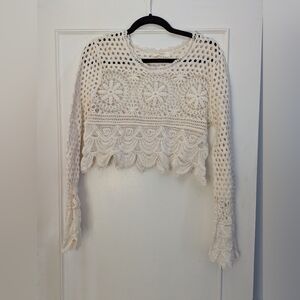 Rebellion long sleeve scallop hem crochet top in cream Size Large